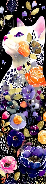 Cat bookmarks featuring a white cat with purple and orange flowers